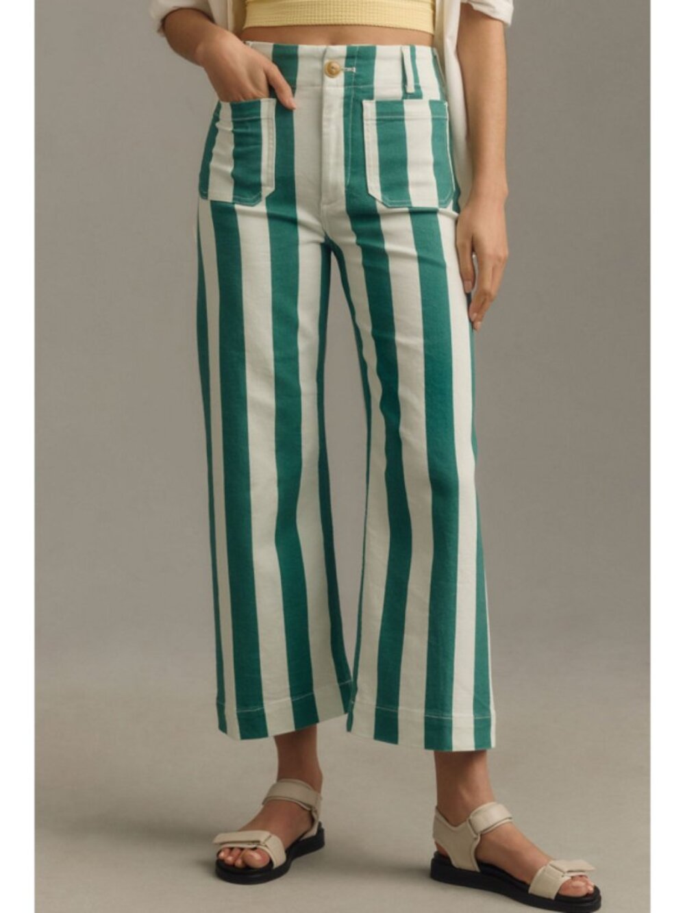 Anthropologie The Colette Striped Wide-Leg Jeans Green White 29 Petite
